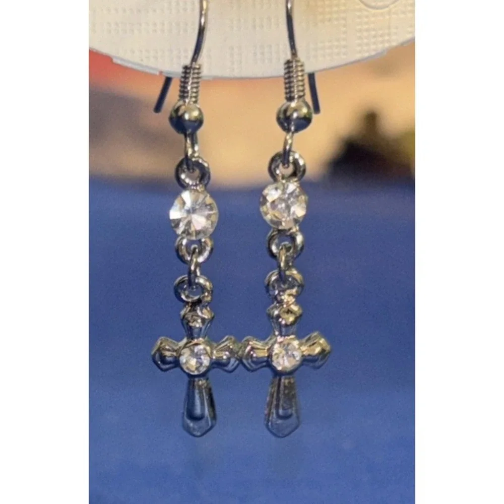 Clear Crystal Rhinestones and Cross w Silver Hooks Dangle Drop Pierced Earrings